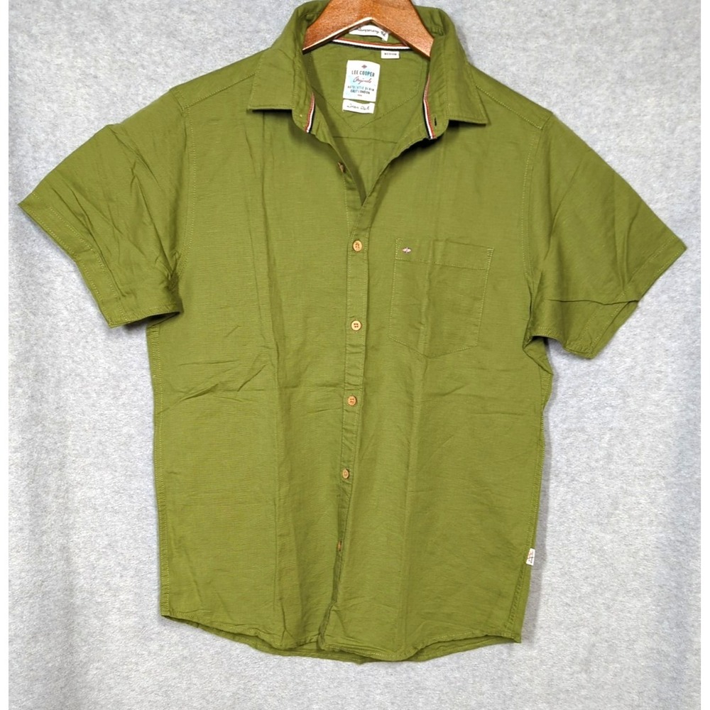 New Lee Cooper Originals Shirt Men M Short Sleeve Linen Olive Contemporary Fit